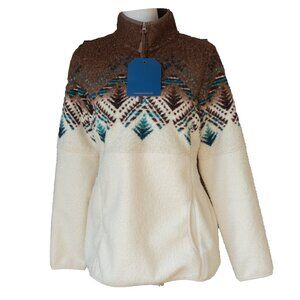Panhandle Slim Aztec Berber Pullover Southwest Ivory Brown Teal 1/4 Zip Sweater